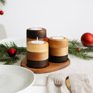 Trio bougeoirs - Merisier/chêne/noyer