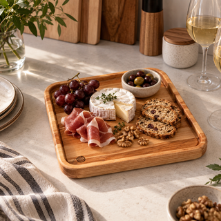 Plateau 10 × 10 po en merisier présenté avec fromages, charcuteries et raisins