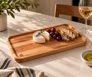 Plateau de présentation 7 × 14 po en merisier avec fromage, raisins et pain