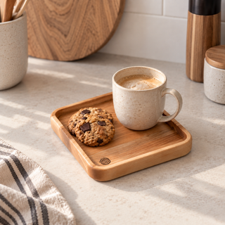Plateau 7 × 7 po en merisier avec tasse de café et biscuits