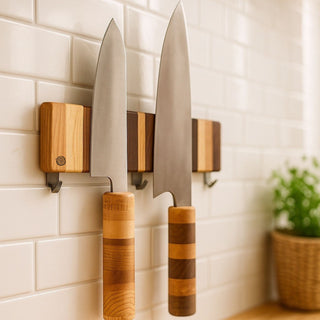 Support mural magnétique en bois avec couteaux installé dans une cuisine