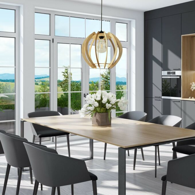 Suspension en bois québécois – ambiance chaleureuse dans une salle à manger